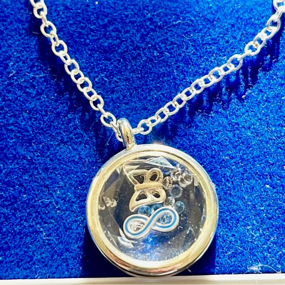 Avon Silver Floating Locket Necklace with Blue Infinity Accent
